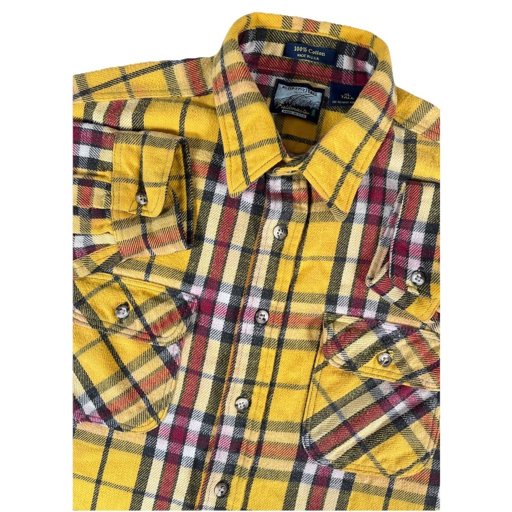 VTG Fieldmaster Yellow Plaid Heavy Cotton Flannel Shirt Made In USA Men's XLT‎